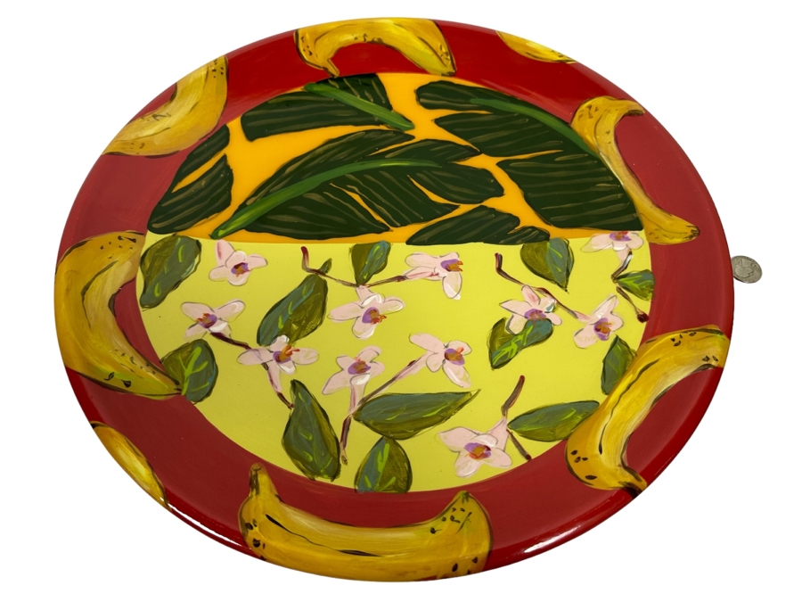 Droll Designs Large 17” Round Banana Fruit Pattern Glazed Signed Pottery Platter