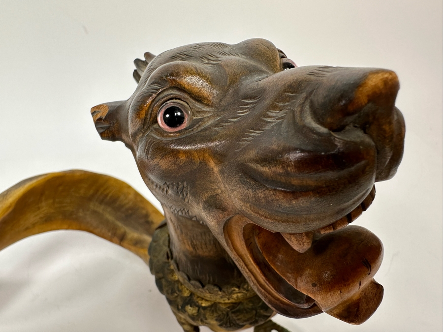 Antique Austrian Ram’s Horn Figural Inkwell With Wooden Intricately Carved Gargoyle 14W X 8D X 6.5H [Photo 9]