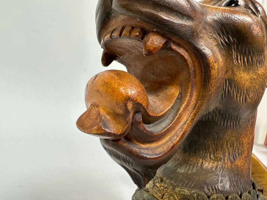 Antique Austrian Ram’s Horn Figural Inkwell With Wooden Intricately Carved Gargoyle 14W X 8D X 6.5H [Photo 21]