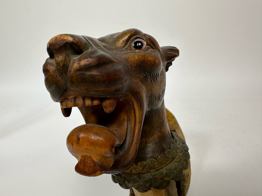 Antique Austrian Ram’s Horn Figural Inkwell With Wooden Intricately Carved Gargoyle 14W X 8D X 6.5H [Photo 30]