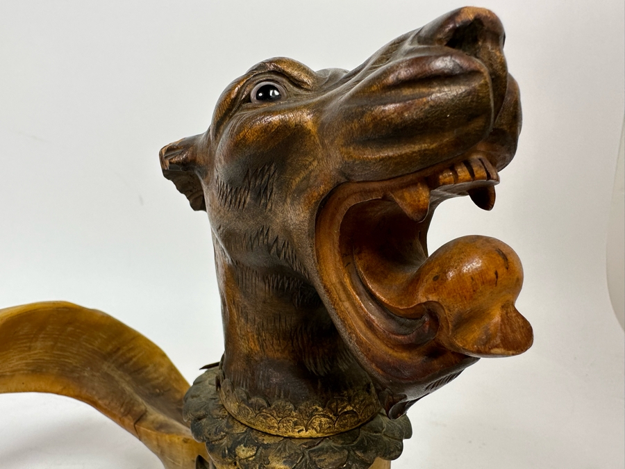 Antique Austrian Ram’s Horn Figural Inkwell With Wooden Intricately Carved Gargoyle 14W X 8D X 6.5H [Photo 10]