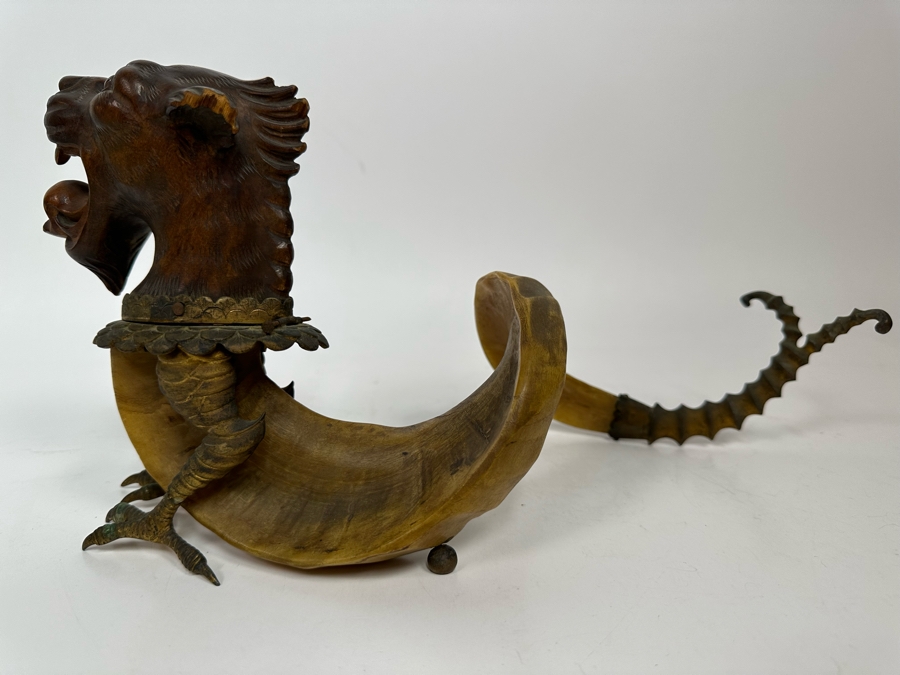 Antique Austrian Ram’s Horn Figural Inkwell With Wooden Intricately Carved Gargoyle 14W X 8D X 6.5H [Photo 24]