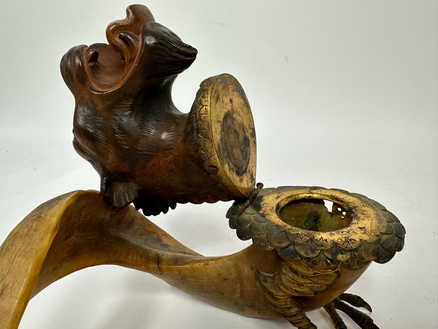 Antique Austrian Ram’s Horn Figural Inkwell With Wooden Intricately Carved Gargoyle 14W X 8D X 6.5H [Photo 13]