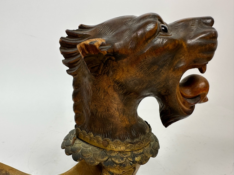 Antique Austrian Ram’s Horn Figural Inkwell With Wooden Intricately Carved Gargoyle 14W X 8D X 6.5H [Photo 11]