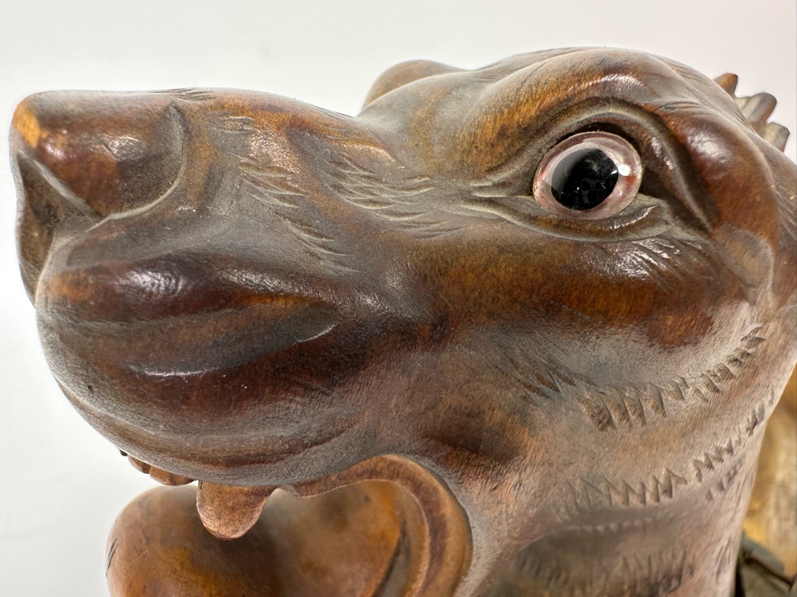 Antique Austrian Ram’s Horn Figural Inkwell With Wooden Intricately Carved Gargoyle 14W X 8D X 6.5H [Photo 20]