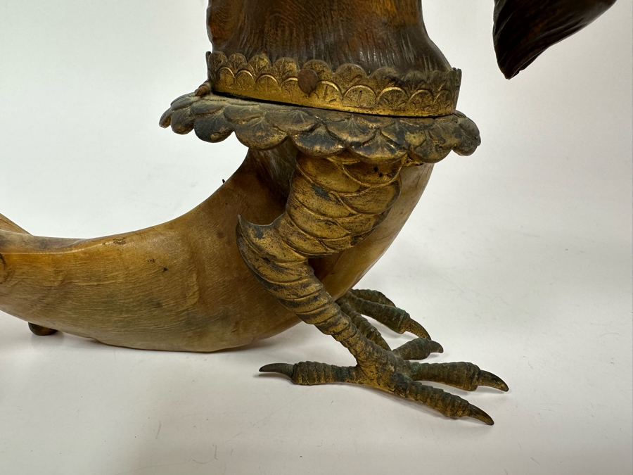 Antique Austrian Ram’s Horn Figural Inkwell With Wooden Intricately Carved Gargoyle 14W X 8D X 6.5H [Photo 12]
