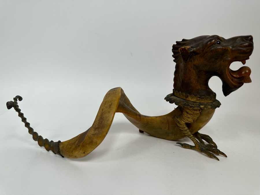 Antique Austrian Ram’s Horn Figural Inkwell With Wooden Intricately Carved Gargoyle 14W X 8D X 6.5H [Photo 3]