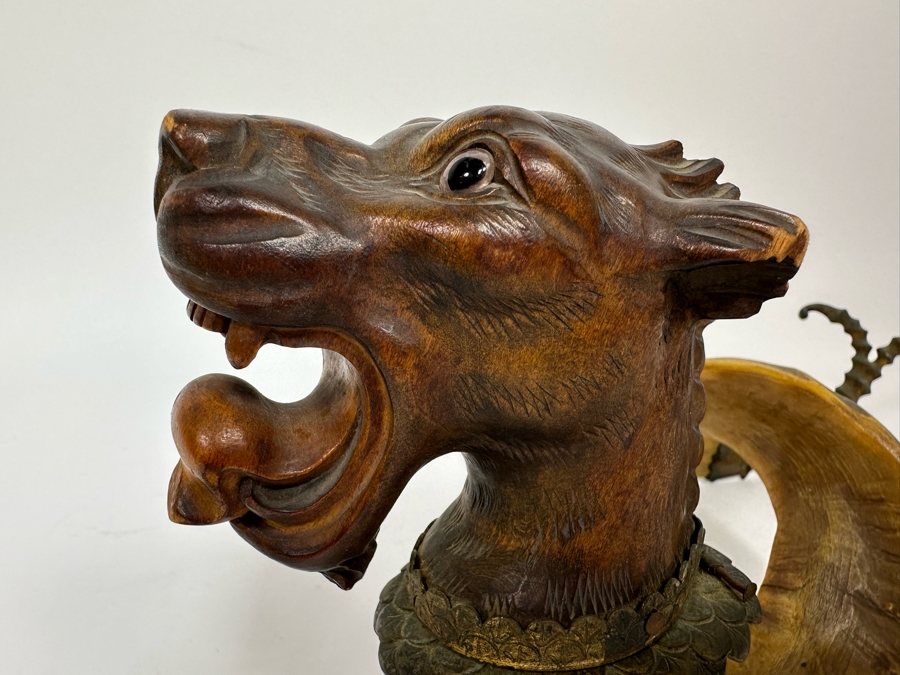 Antique Austrian Ram’s Horn Figural Inkwell With Wooden Intricately Carved Gargoyle 14W X 8D X 6.5H [Photo 19]