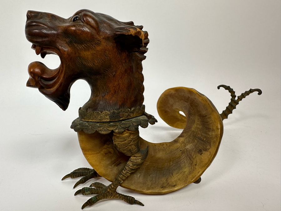 Antique Austrian Ram’s Horn Figural Inkwell With Wooden Intricately Carved Gargoyle 14W X 8D X 6.5H [Photo 18]