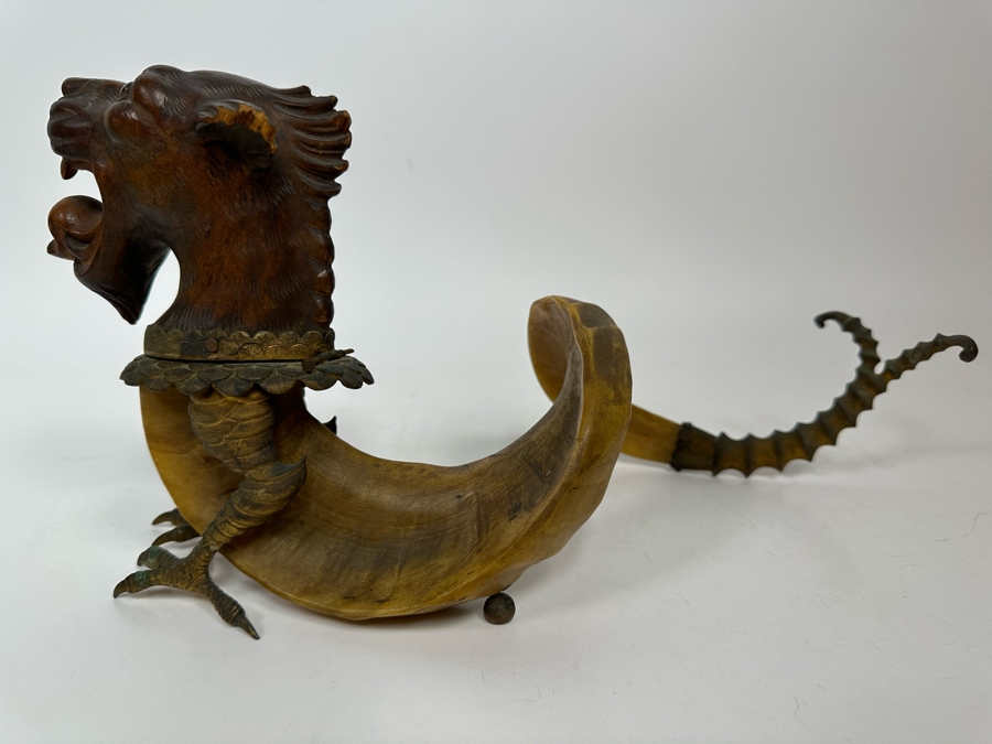 Antique Austrian Ram’s Horn Figural Inkwell With Wooden Intricately Carved Gargoyle 14W X 8D X 6.5H [Photo 16]