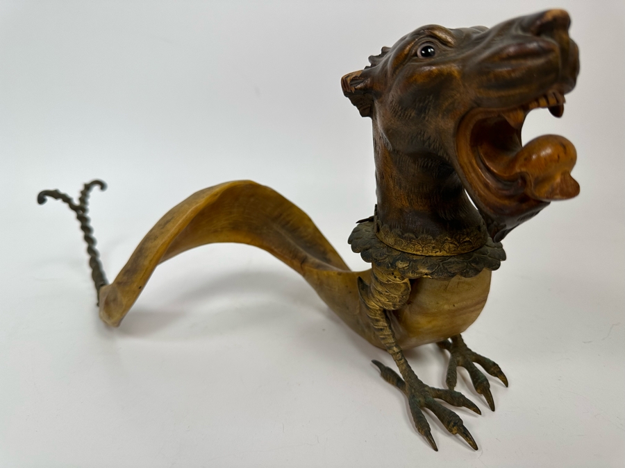 Antique Austrian Ram’s Horn Figural Inkwell With Wooden Intricately Carved Gargoyle 14W X 8D X 6.5H [Photo 6]