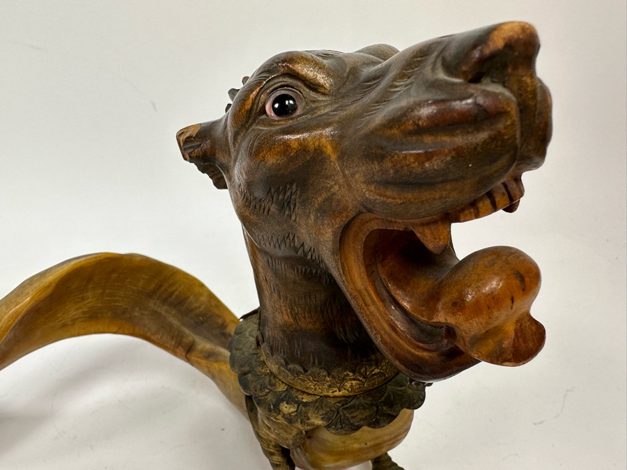 Antique Austrian Ram’s Horn Figural Inkwell With Wooden Intricately Carved Gargoyle 14W X 8D X 6.5H [Photo 8]