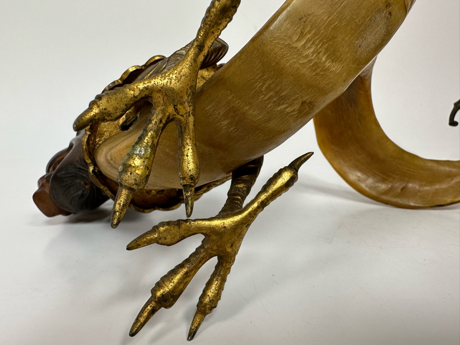 Antique Austrian Ram’s Horn Figural Inkwell With Wooden Intricately Carved Gargoyle 14W X 8D X 6.5H [Photo 26]