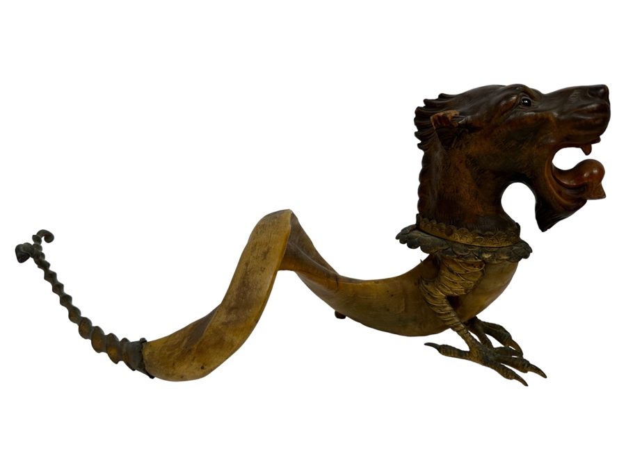 Antique Austrian Ram’s Horn Figural Inkwell With Wooden Intricately Carved Gargoyle 14W X 8D X 6.5H [Photo 2]