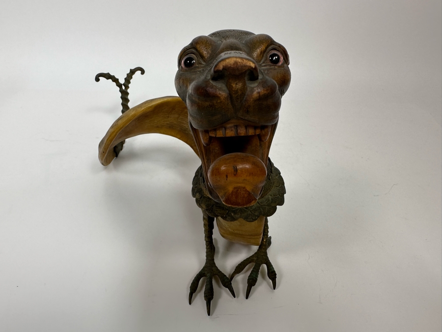 Antique Austrian Ram’s Horn Figural Inkwell With Wooden Intricately Carved Gargoyle 14W X 8D X 6.5H [Photo 27]
