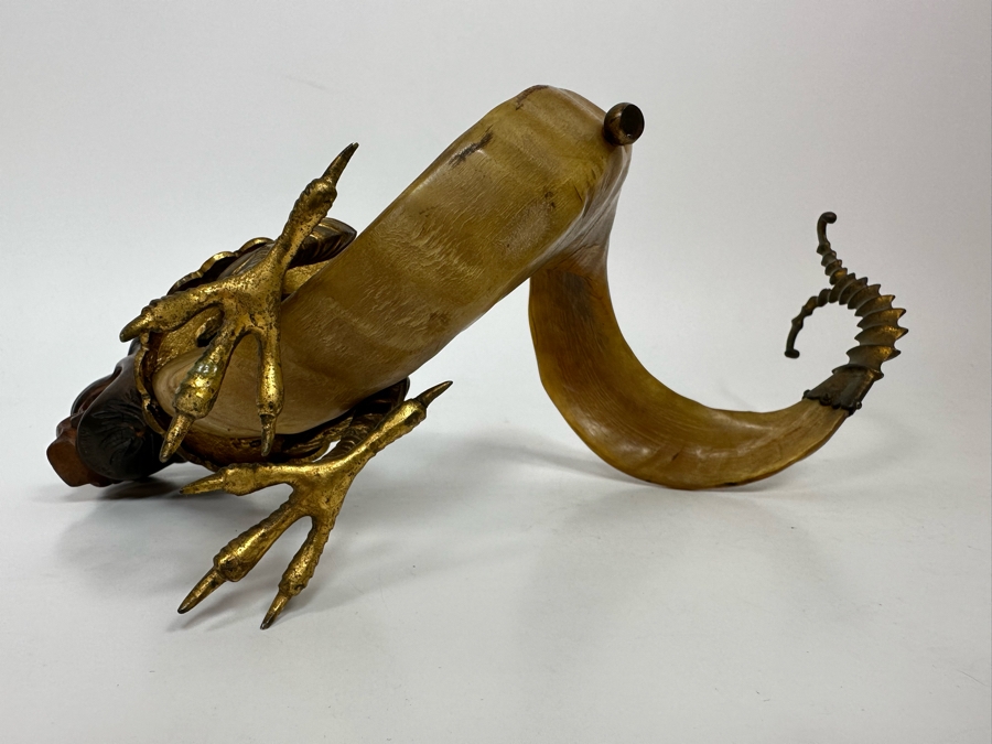 Antique Austrian Ram’s Horn Figural Inkwell With Wooden Intricately Carved Gargoyle 14W X 8D X 6.5H [Photo 25]