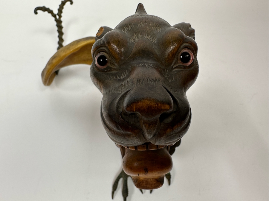 Antique Austrian Ram’s Horn Figural Inkwell With Wooden Intricately Carved Gargoyle 14W X 8D X 6.5H [Photo 29]