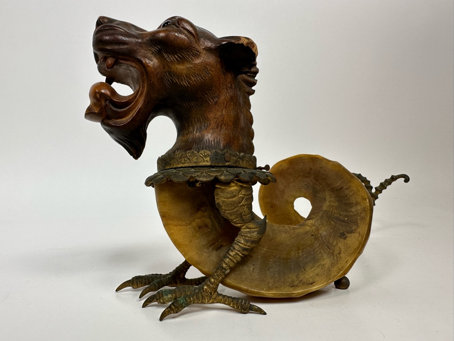 Antique Austrian Ram’s Horn Figural Inkwell With Wooden Intricately Carved Gargoyle 14W X 8D X 6.5H [Photo 23]