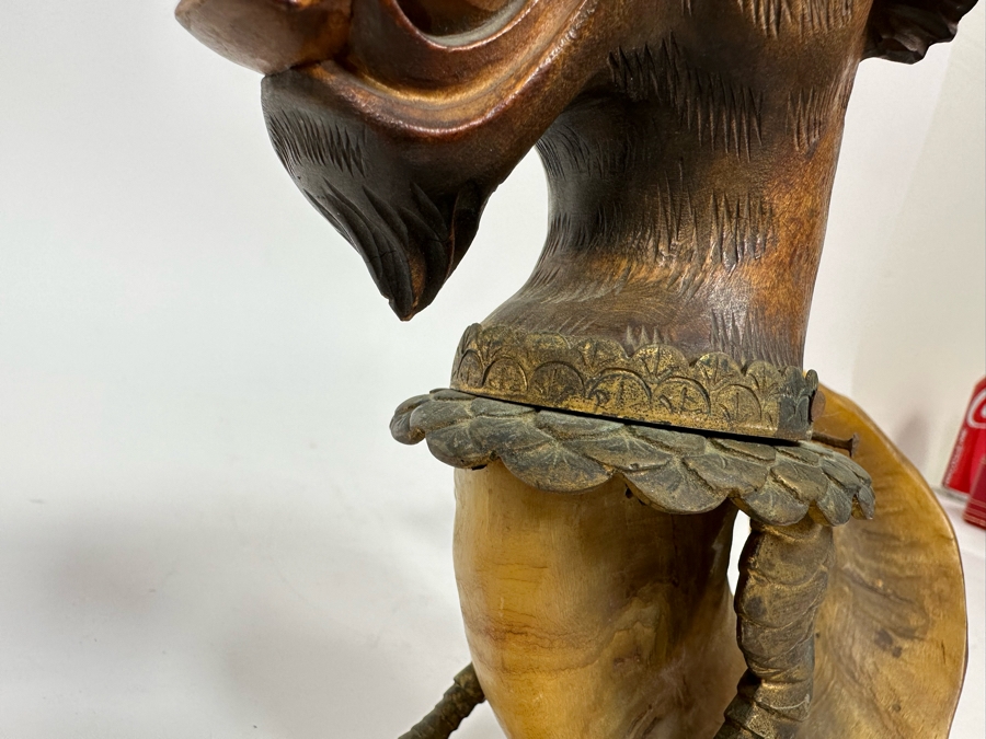Antique Austrian Ram’s Horn Figural Inkwell With Wooden Intricately Carved Gargoyle 14W X 8D X 6.5H [Photo 22]