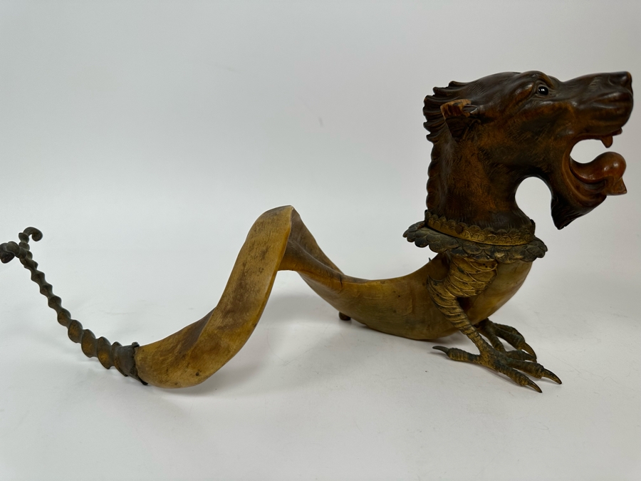 Antique Austrian Ram’s Horn Figural Inkwell With Wooden Intricately Carved Gargoyle 14W X 8D X 6.5H [Photo 4]