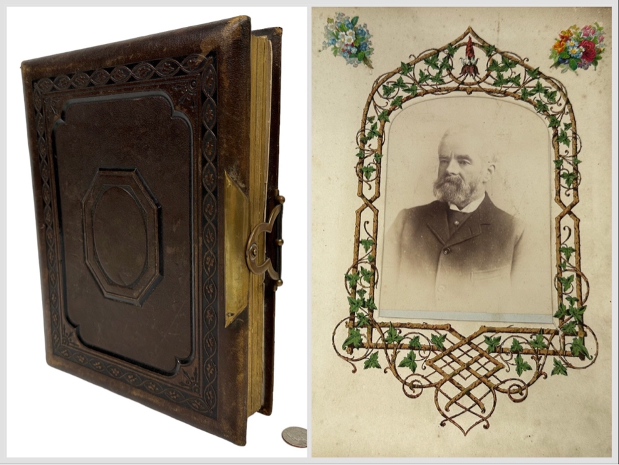 Antique 1876 Embossed Leather Photography Book Photo Album Presented To M. A. Crook With Original Family Portraits Photographs 9 X 11.5 X 2.5 - See Photos [Photo 1]