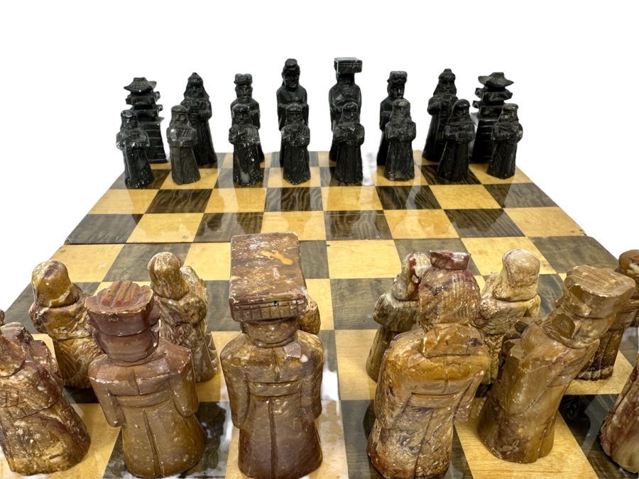Korean Hand Carved Stone Figures Chess Pieces With Portable Wooden Chess Board 16 X 16