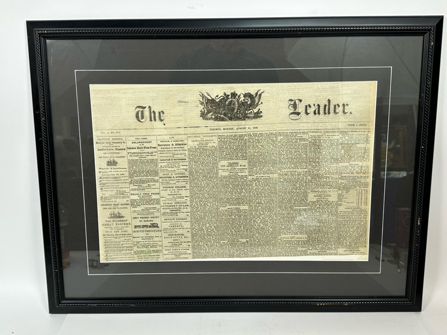 Framed Toronto Newspaper The Leader From Monday, August 31, 1863 ...