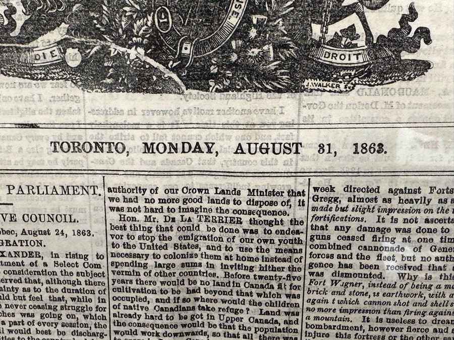Framed Toronto Newspaper The Leader From Monday, August 31, 1863 Featuring “The American War” Frame Measures 30 X 23 [Photo 4]
