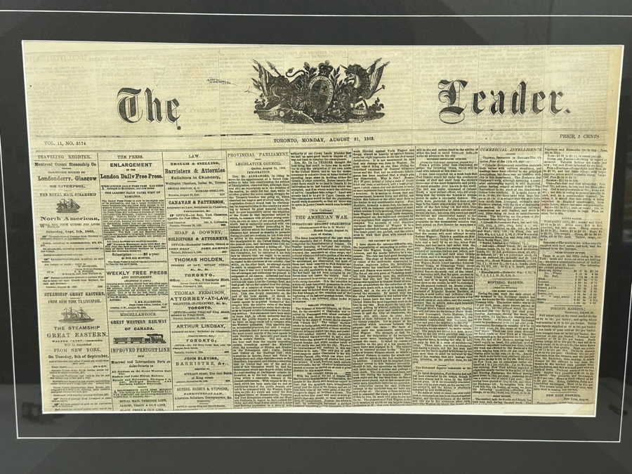 Framed Toronto Newspaper The Leader From Monday, August 31, 1863 Featuring “The American War” Frame Measures 30 X 23 [Photo 1]