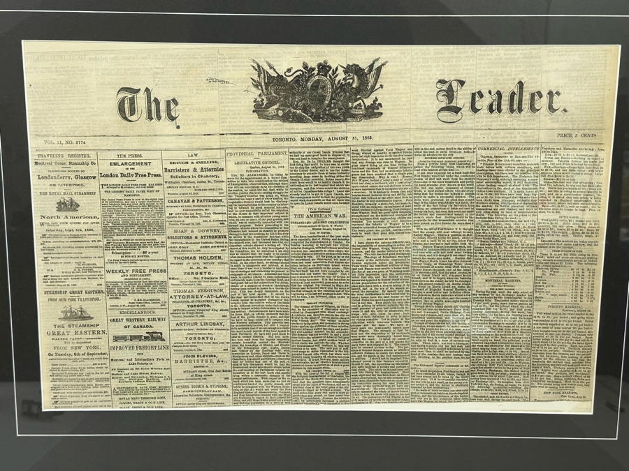 Framed Toronto Newspaper The Leader From Monday, August 31, 1863 ...