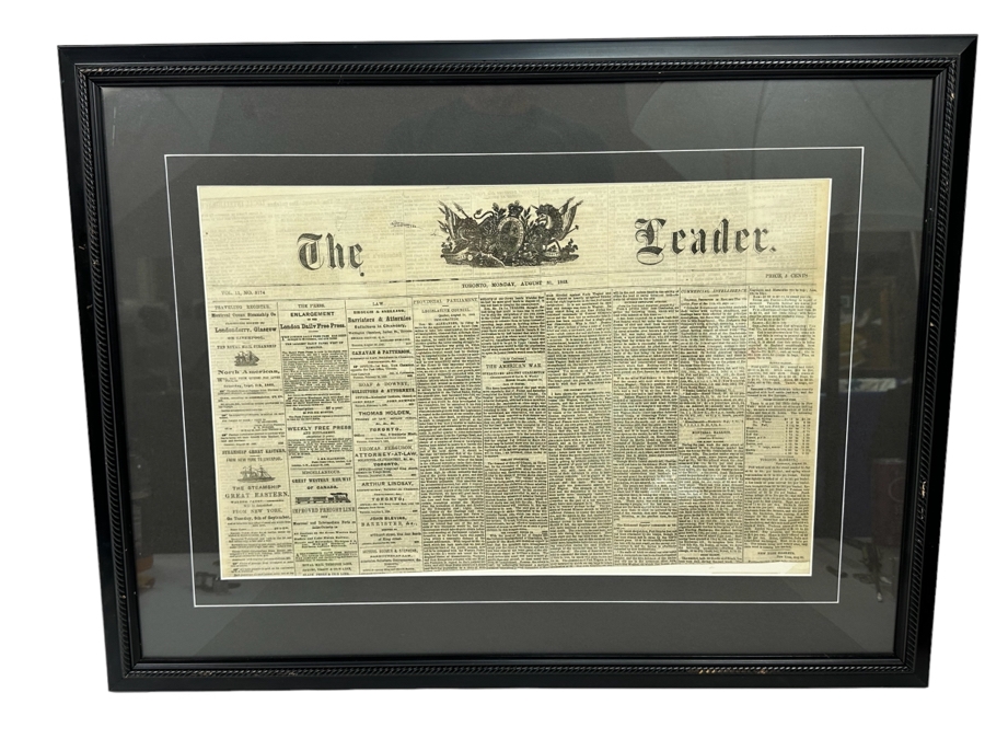 Framed Toronto Newspaper The Leader From Monday, August 31, 1863 ...