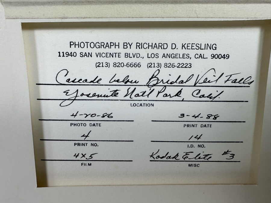 Richard D. Keesling Signed Photograph Of Yosemite National Park, CA Cascade Below Bridal Veil Falls (Dick Keesling Was Also Actress Betty White's Manager For Many Decades) 20 X 17 Framed 28 X 22 Glass Is Cracked In Corners Dated 1986 [Photo 2]