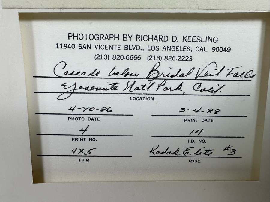Richard D. Keesling Signed Photograph Of Yosemite National Park, CA Cascade Below Bridal Veil Falls (Dick Keesling Was Also Actress Betty White's Manager For Many Decades) 20 X 17 Framed 28 X 22 Glass Is Cracked In Corners Dated 1986 [Photo 13]