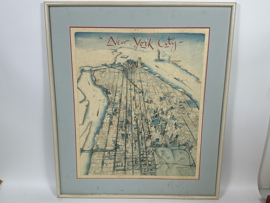 Alan E. Cober 1983 Illustration Map Of New York City 21.5 X 25.5 Framed 28.5 X 32.5 [Photo 2]