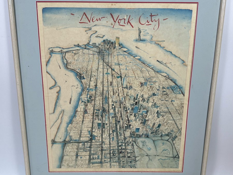 Alan E. Cober 1983 Illustration Map Of New York City 21.5 X 25.5 Framed 28.5 X 32.5 [Photo 4]
