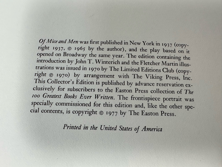 Easton Press Leather Bound Collector’s Edition Book Of Mice And Men By John Steinbeck [Photo 4]