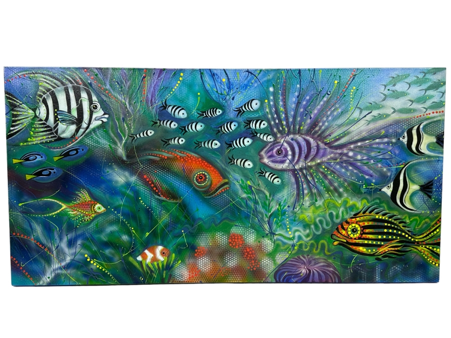 Carolyn Guerra Original Painting On Canvas Titled “Swim Like A Fish” 2004 Signed And Titled On Back 48 X 24 [Photo 1]