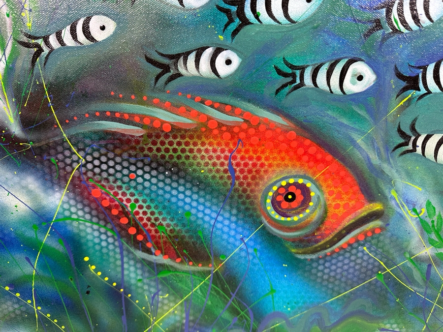 Carolyn Guerra Original Painting On Canvas Titled “Swim Like A Fish” 2004 Signed And Titled On Back 48 X 24 [Photo 3]