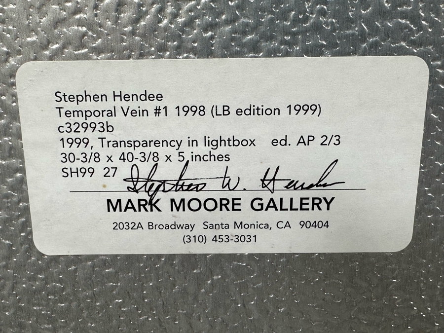 Stephen Hendee (b. 1968, California) Rare Limited Edition Artist Proof 2 Of 3 Lightbox Edition #1 1999 Titled Temporal Vein #1 1998 30 3/8 X 40 3/8 X 5 Signed On Back From Mark Moore Gallery In Santa Monica [Photo 14]