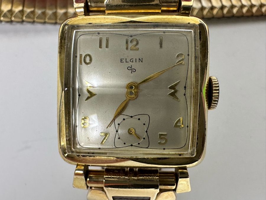 Vintage 1952 Men’s Elgin Wristwatch Durapower 17 Jewels Square Design With Outstanding Faceted Crystal And Original Box With Original Band  [Photo 10]
