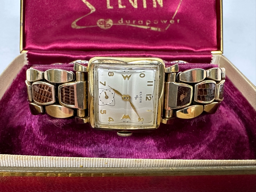 Vintage 1952 Men’s Elgin Wristwatch Durapower 17 Jewels Square Design With Outstanding Faceted Crystal And Original Box With Original Band  [Photo 4]
