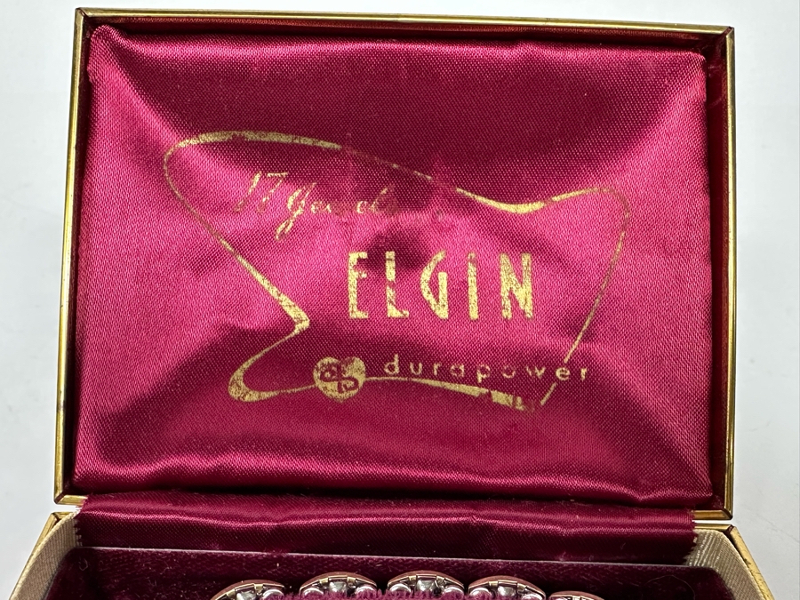Vintage 1952 Men’s Elgin Wristwatch Durapower 17 Jewels Square Design With Outstanding Faceted Crystal And Original Box With Original Band  [Photo 5]