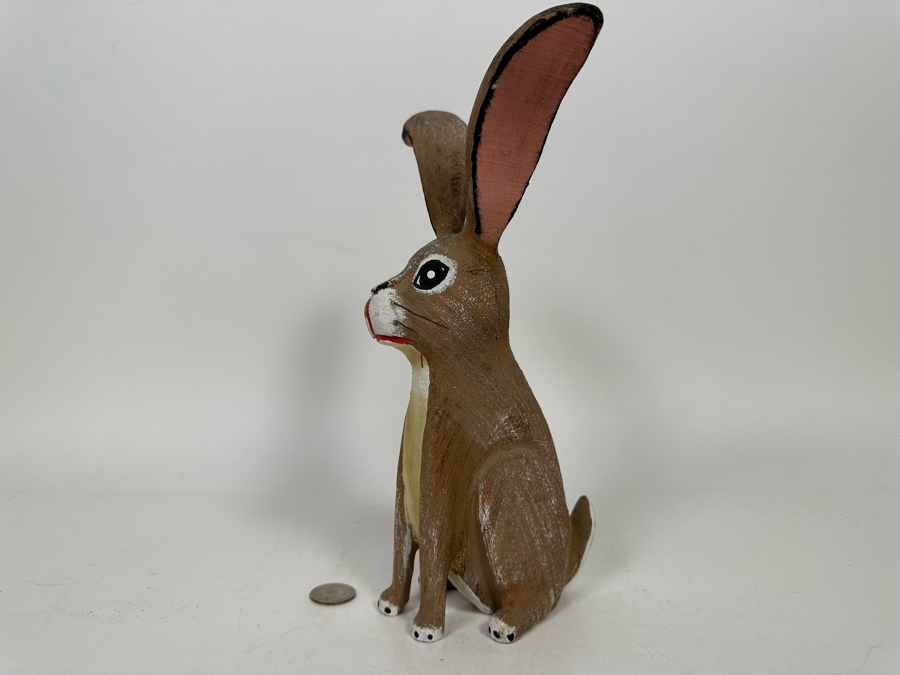 Signed Wooden Rabbit Sculpture 10H [Photo 5]
