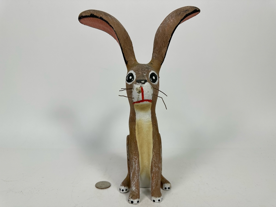 Signed Wooden Rabbit Sculpture 10H [Photo 4]