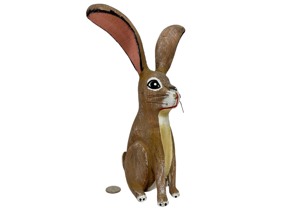 Signed Wooden Rabbit Sculpture 10H