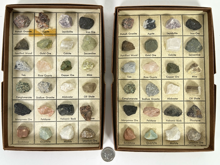 Pair Of Rocks And Minerals Cabinets Including Gold Ore, Petrified Wood, Copper Ore & Uranium Ore [Photo 2]