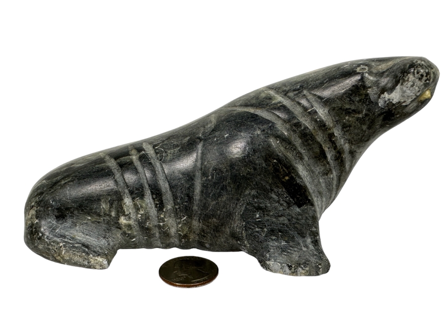 Carved Soapstone Inuit Seal Signed 7W X 2.5D X 3H