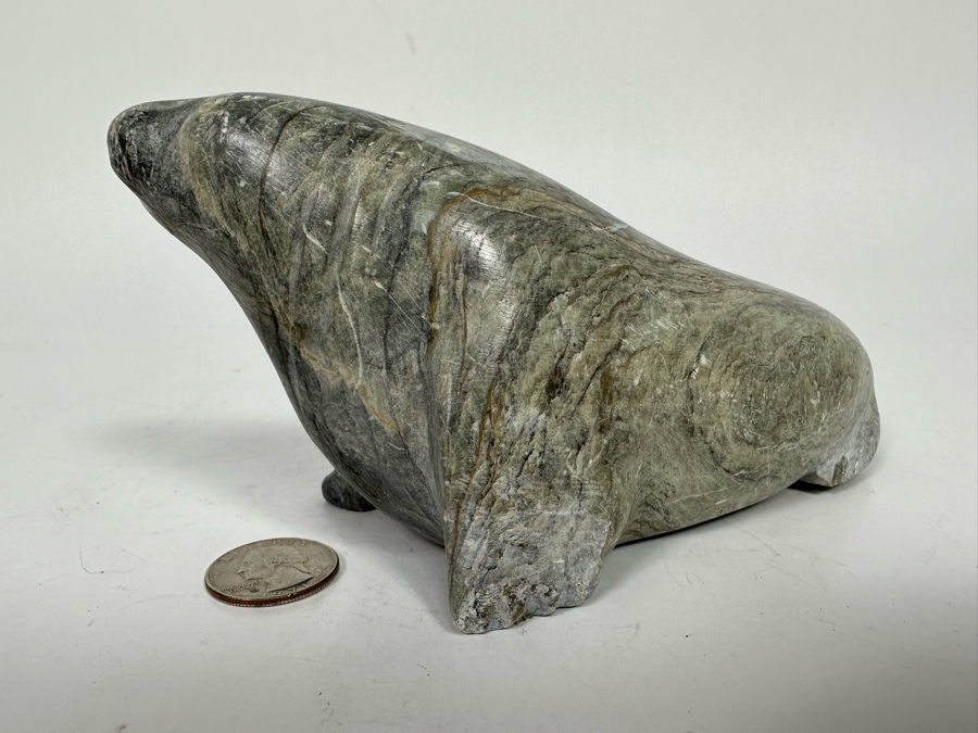 Carved Soapstone Inuit Seal Signed 7W X 2.5D X 3H [Photo 5]