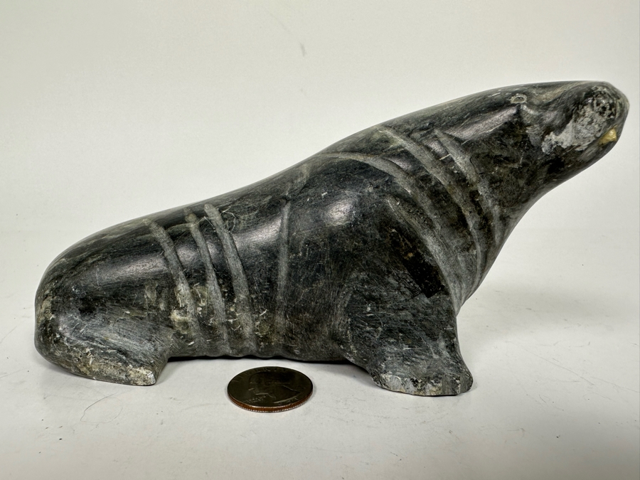 Carved Soapstone Inuit Seal Signed 7W X 2.5D X 3H [Photo 2]