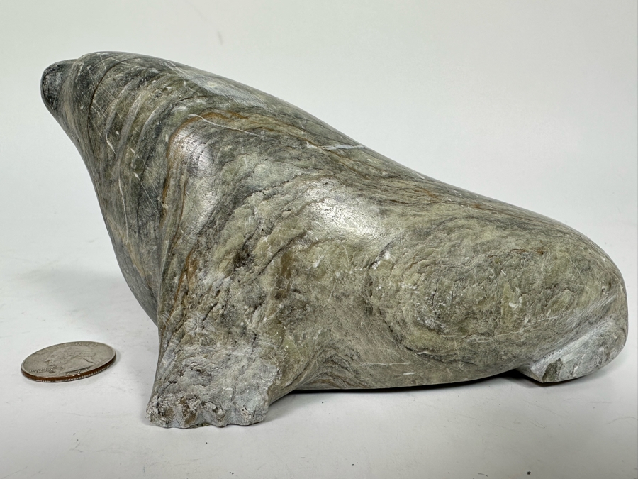 Carved Soapstone Inuit Seal Signed 7W X 2.5D X 3H [Photo 7]
